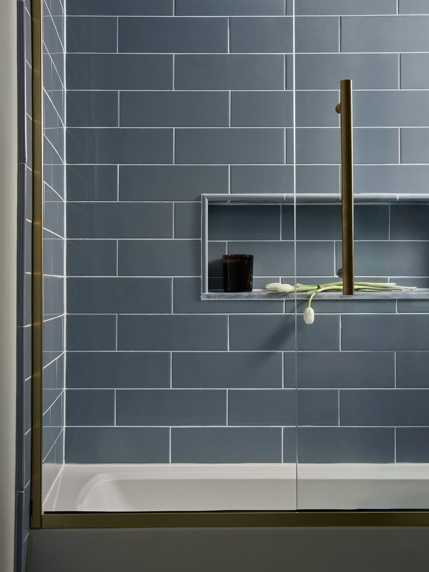 Overview Terrace freestanding tub with full-height stone tile surround