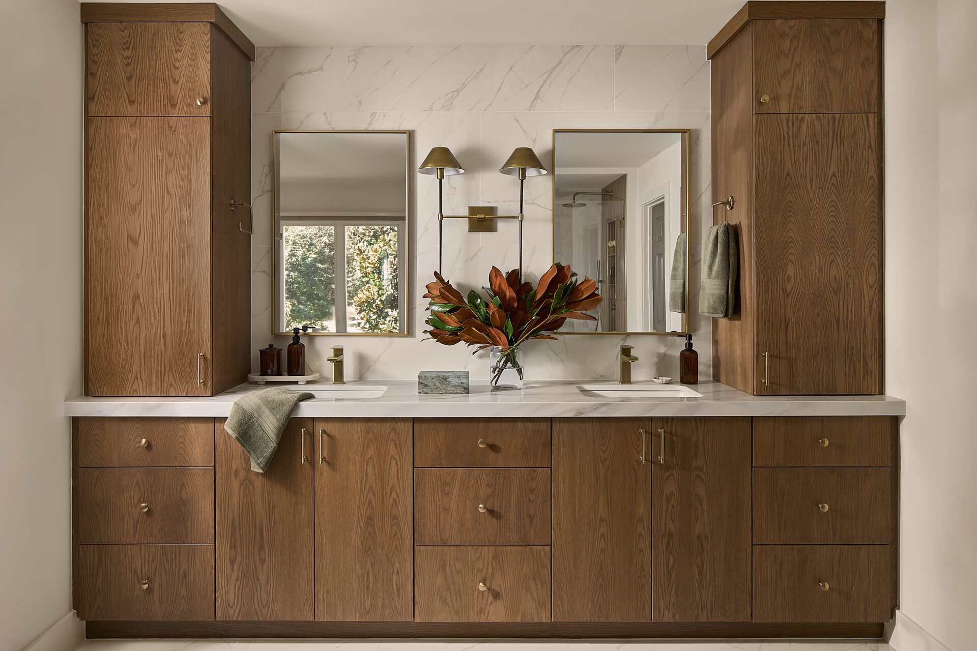 Terrace Mist double vanity with custom cabinetry and honed stone countertop