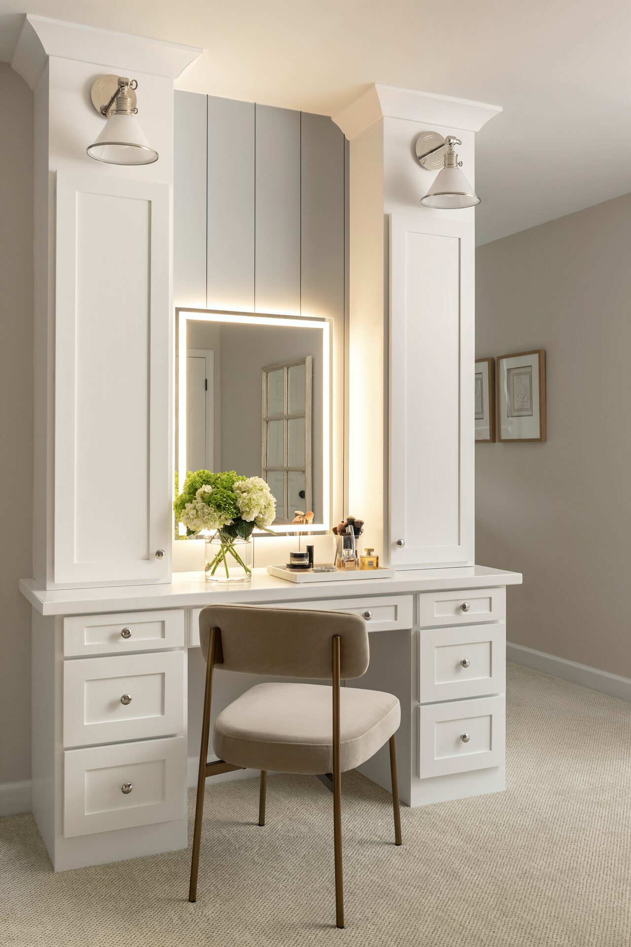 Willowgate dedicated makeup vanity with task lighting and custom mirror